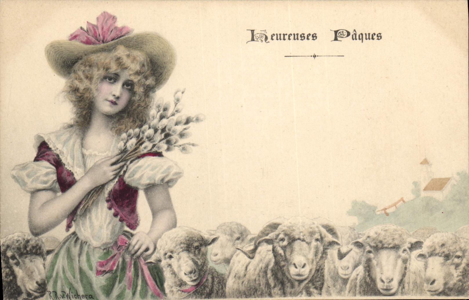 Fille avec moutons — Heureuses Pâques — R.R. Wichera
