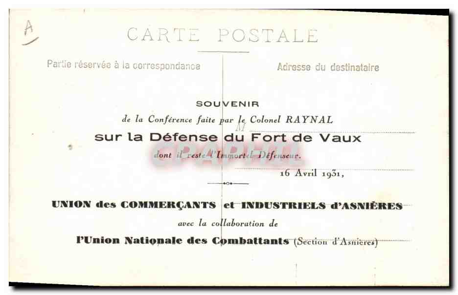 Colonel Raynal — Conférence sur la Défense du Fort de Vaux — 16 Avril 1931 — Union des Commerçants et Industriels d'Asnières — Verso