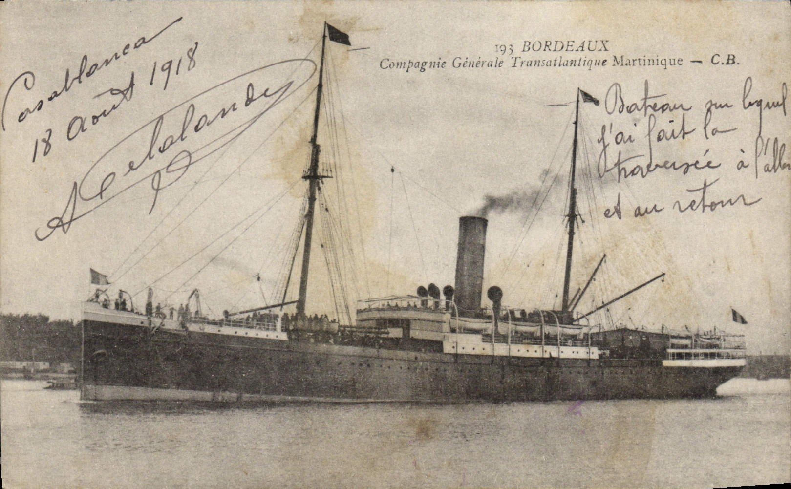 Bateau à vapeur Bordeaux — Compagnie Générale Transatlantique Martinique — C.B. — 193