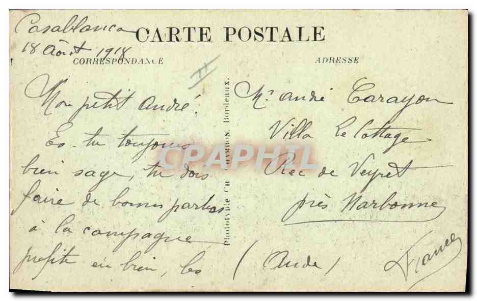 Bateau à vapeur Bordeaux — Compagnie Générale Transatlantique Martinique — C.B. — 193 — Verso