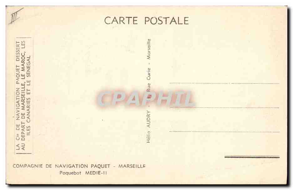 Paquebot MEDIE-11 — Compagnie de Navigation Paquet — Marseille — Verso
