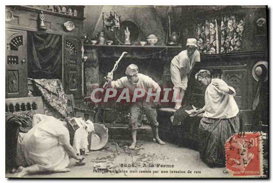 CPA Folklore Lits Clos Panique en pleine nuit causee par une invitation de rats 