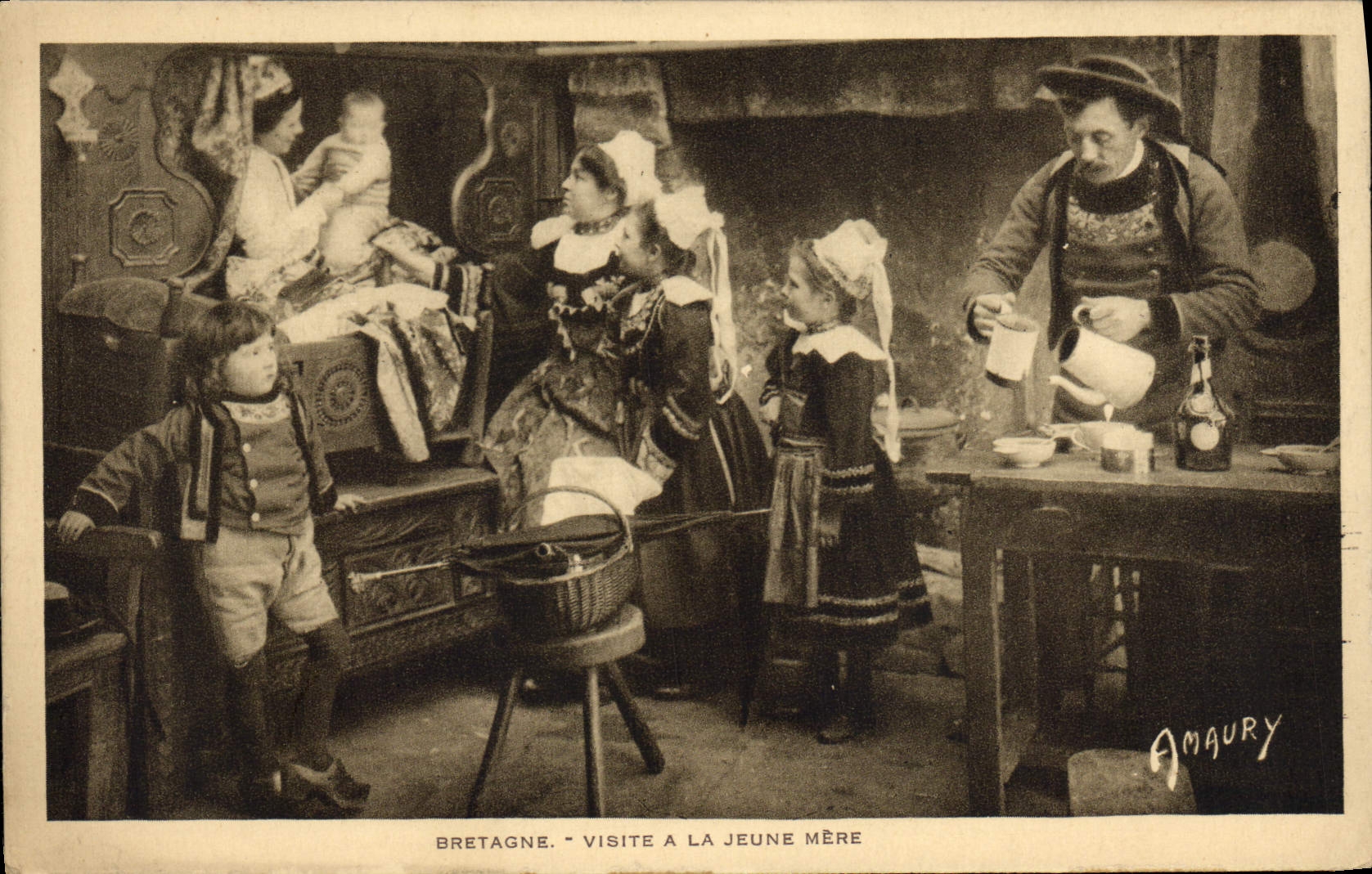 CPA Folklore Lits Clos Visite a la jeune mere