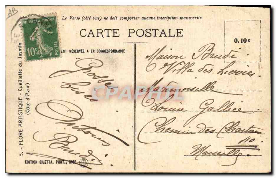 CPA Cueillette du jasmin Cote d'Azur  — Rückseite