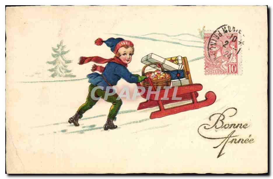 CPA Fantaisie Illustrateur Enfant Luge Bonne annee 