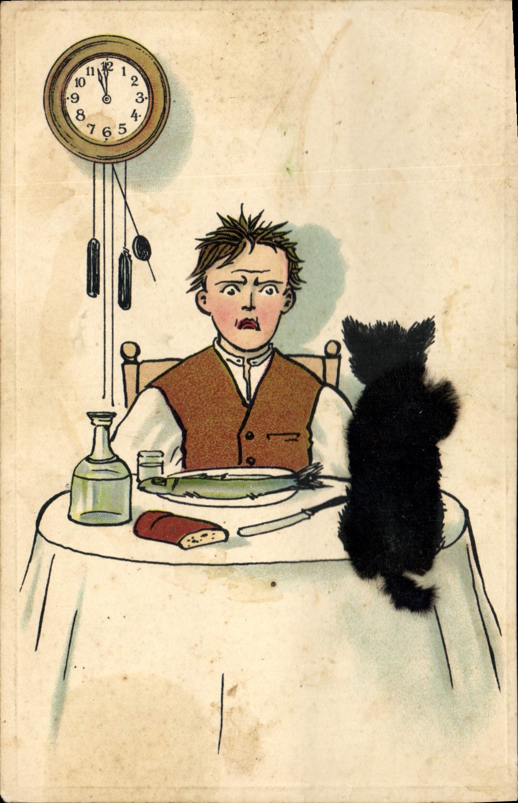 CPA Fantaisie Illustrateur Homme Chat (en feutrine) 
