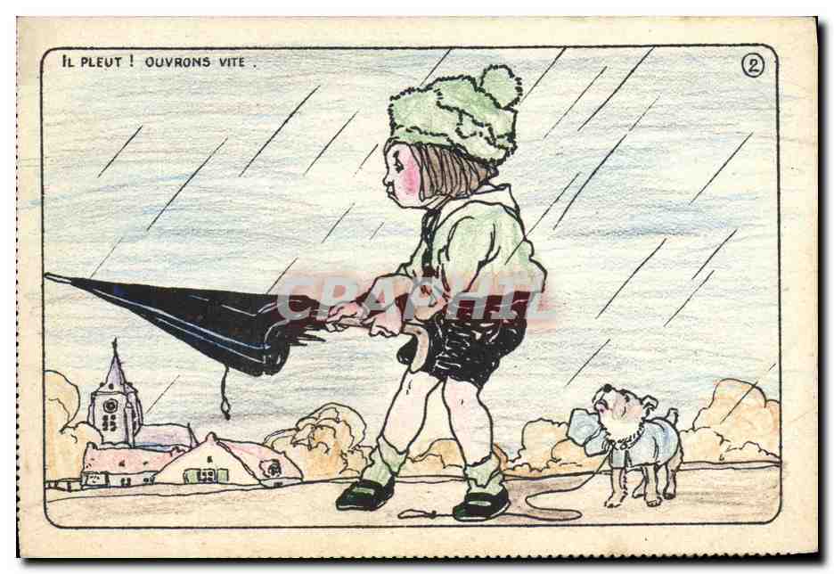 CPA Fantaisie Illustrateur Enfant Il pleut Ouvrons vite Chien 