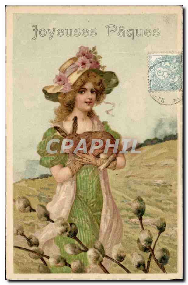 CPA Fantaisie Illustrateur Femme Lapin Paques 