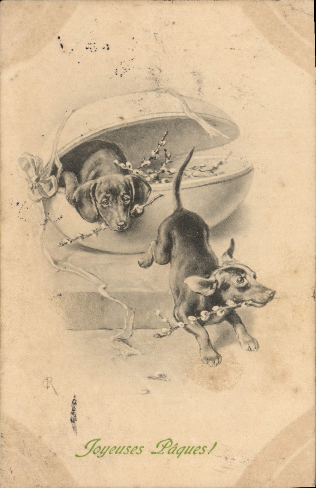 CPA Fantaisie Chien Chiens Paques 