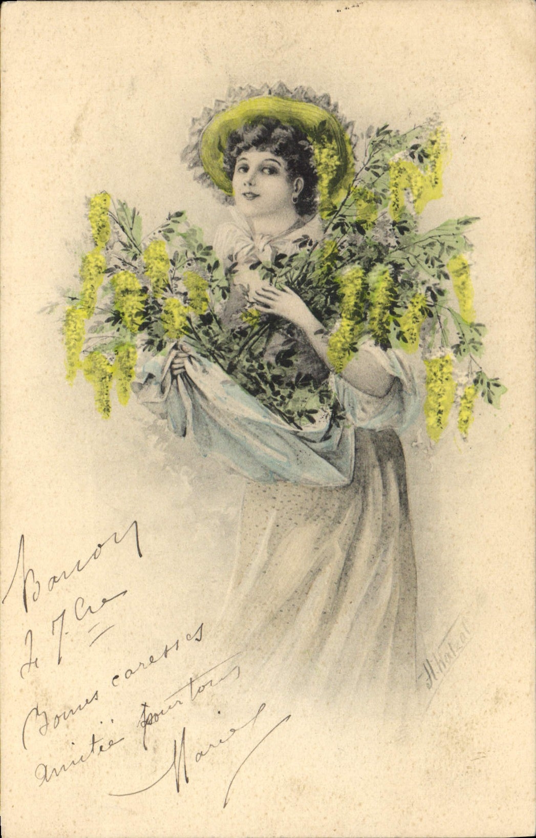Femme tenant un bouquet de fleurs — éditeur Minkal, série A.S. — vers 1905
