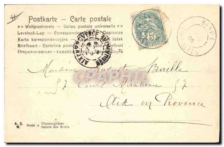 Femme tenant un bouquet de fleurs — éditeur Minkal, série A.S. — vers 1905 — Reverso