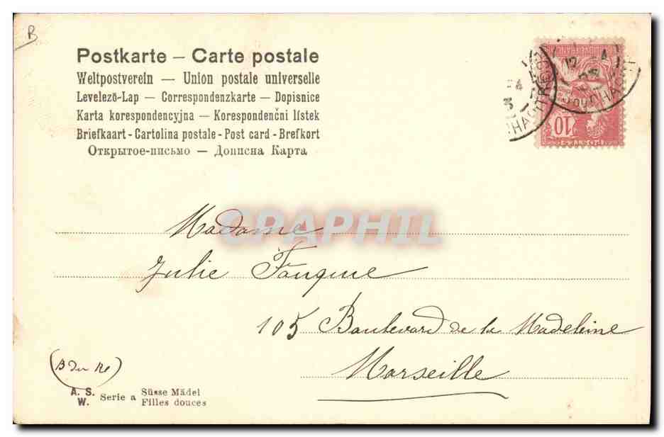 Junge Frau im Bauernkleid — J. Derrig, 1903 — Serie 'Zärtliche Mädchen' — Rückseite
