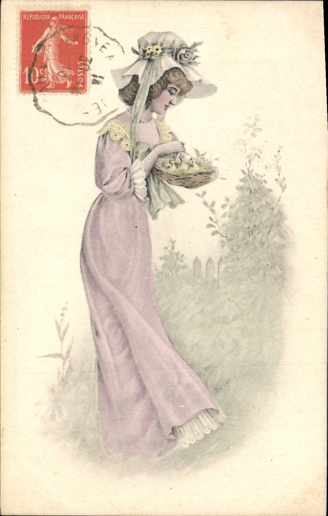 Femme en robe lilas tenant un panier de fleurs — éditeur non visible — timbre 10c République Française