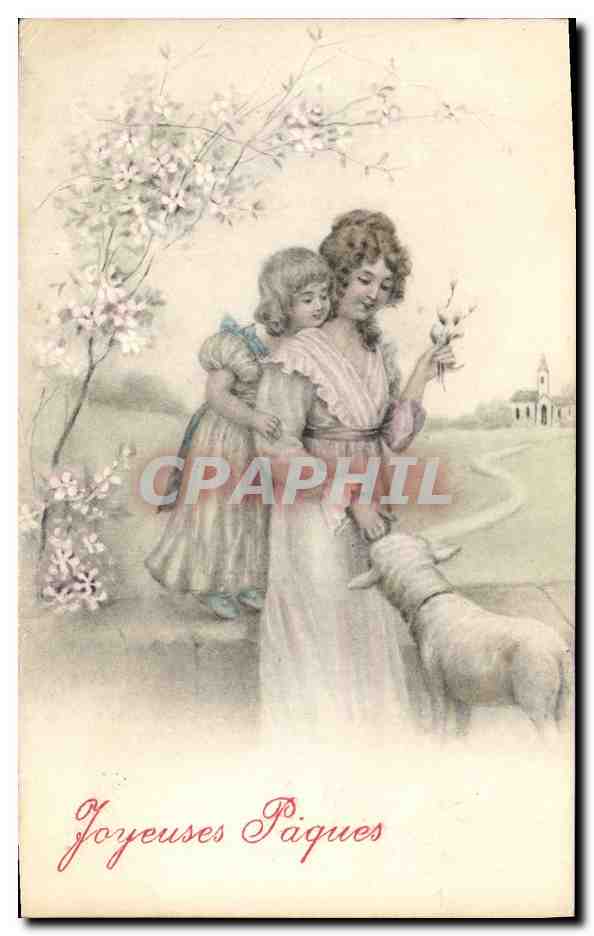 Femme et enfant avec moutons — scène de printemps — éditeur non visible