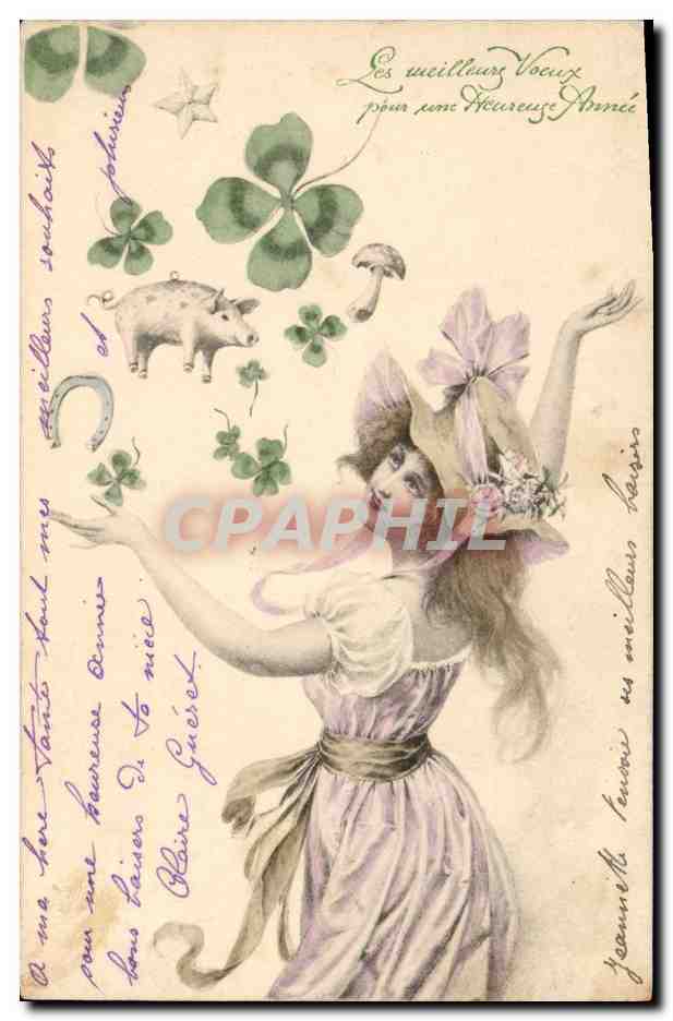 Woman in Lilac Dress and Hat — Symbols of Luck (Clover, Pig, Star, Hourglass) — Publisher Not Visible