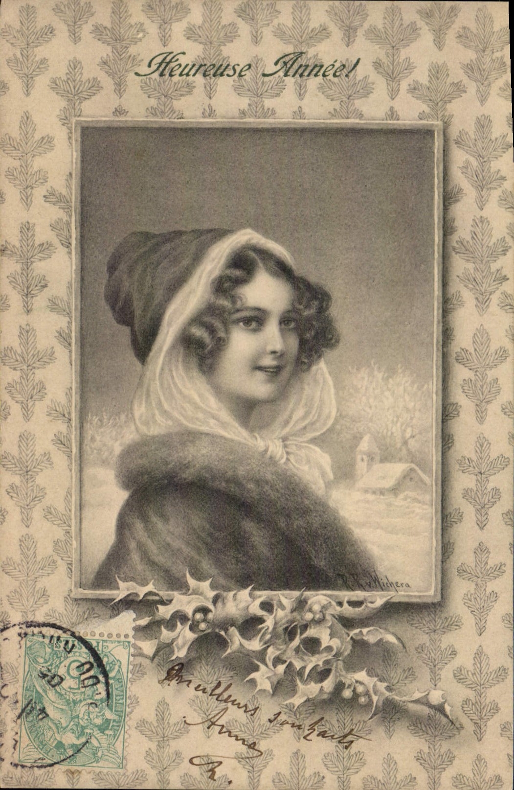 Vrouw met gevoerde jas — winterlandschap — M. M. Vienne, n° 229