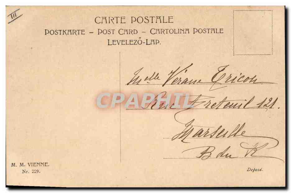 Vrouw met gevoerde jas — winterlandschap — M. M. Vienne, n° 229 — Achterkant