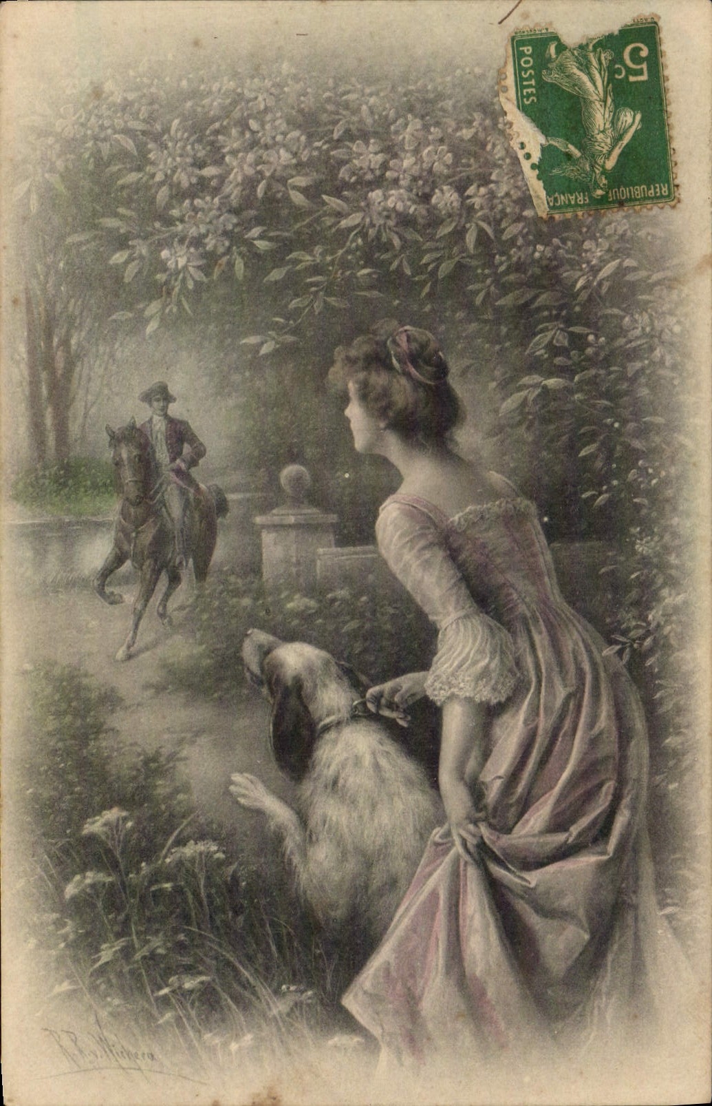 Femme et chien regardant un cavalier — éditeur M. M. Vienne, n° 580