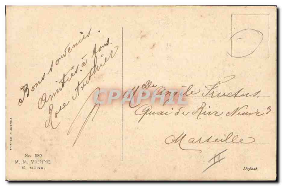 Femme et chien regardant un cavalier — éditeur M. M. Vienne, n° 580 — Reverso