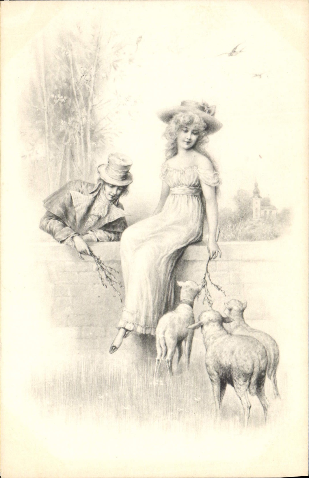 Jeune femme et homme avec moutons — scène pastorale — M. Vienne, éditeur