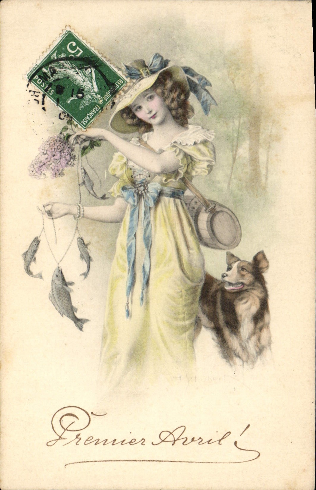 Femme en robe jaune avec chien — Premier Avril — M. M. Vienne, n° 379