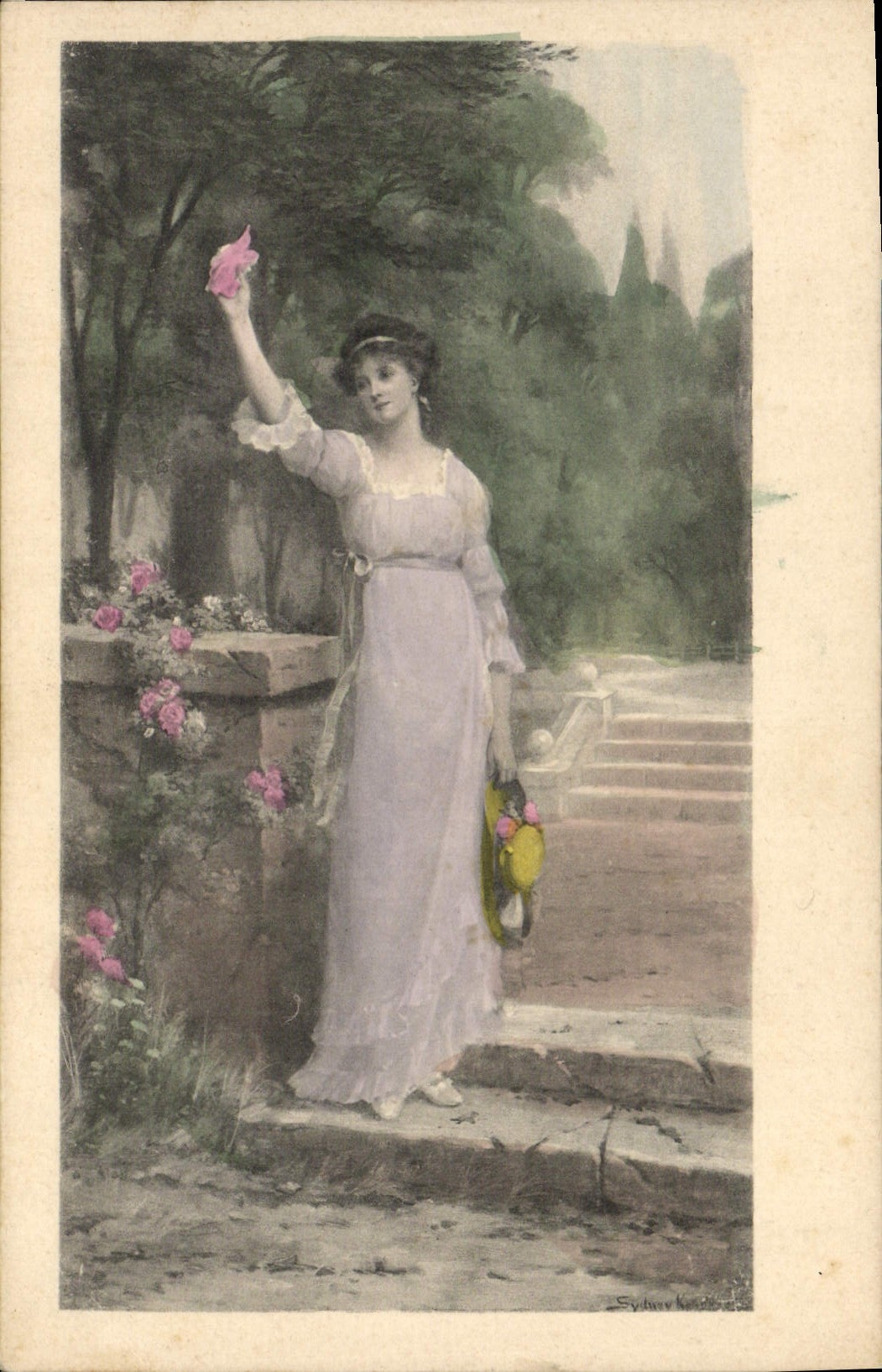 Femme en robe blanche tenant une rose — illustration de Sydney K. — éditeur M. M. Vienne, n° 275