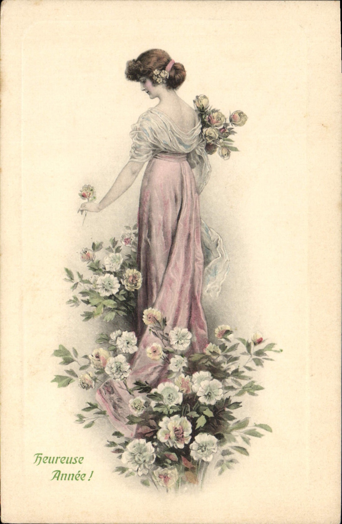 Woman in a pink dress among flowers — Congratulations — M. MUNK, no. 398