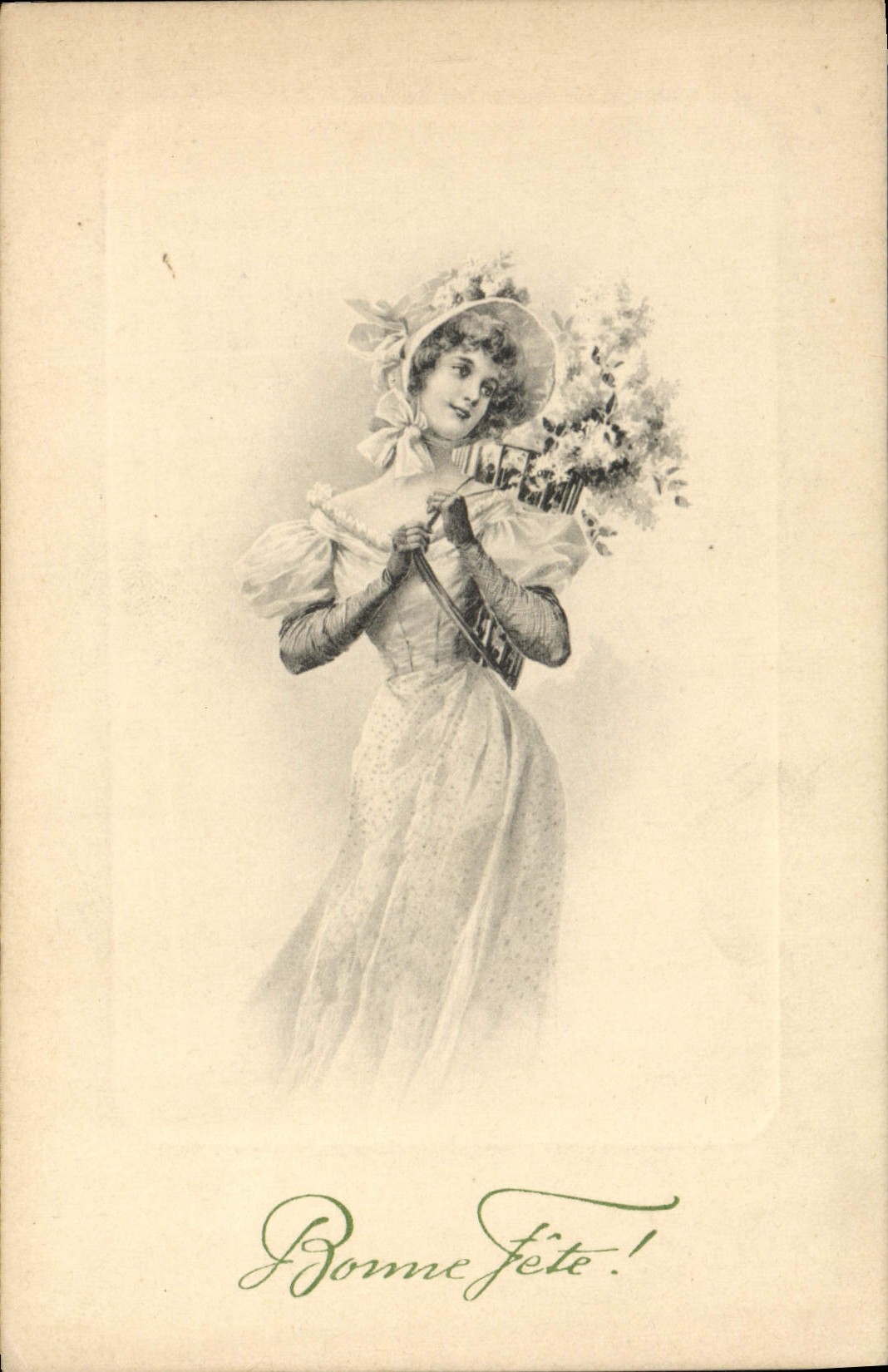 Femme en robe à pois et chapeau fleuri — Bonne fête ! — M. M. WENNE, Nr. 276