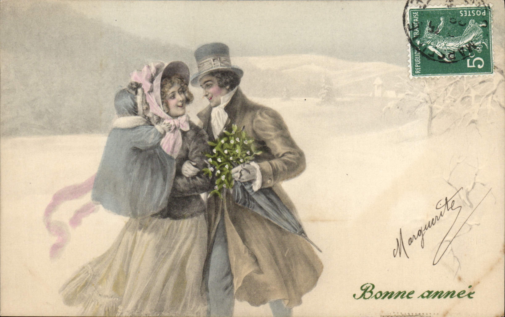 Couples enneigés — scène de Noël — éditeur V.K. VIENNE, n° 5000/a
