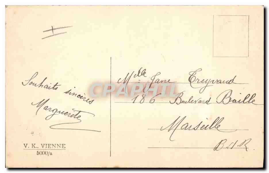 Couples enneigés — scène de Noël — éditeur V.K. VIENNE, n° 5000/a — Verso