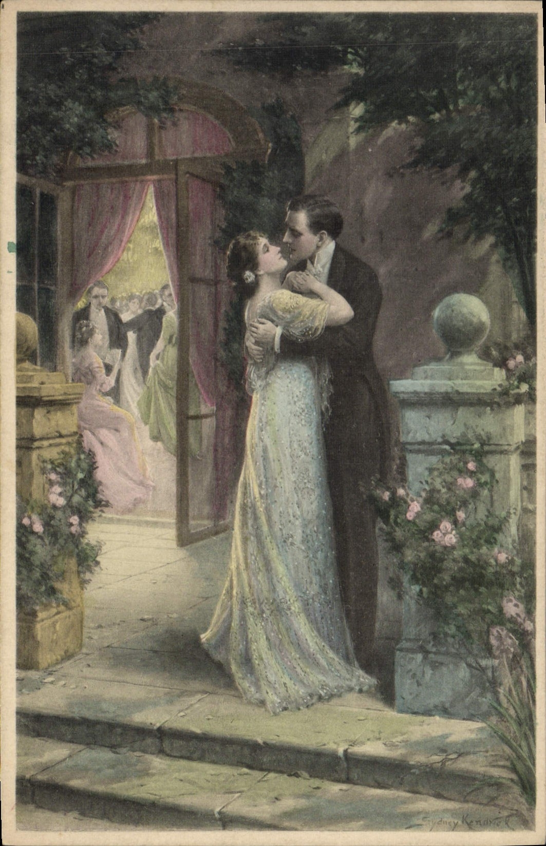 Un couple s'embrasse dans un jardin — illustration de Sydney Kenning — M.M. Vienne, N° 721