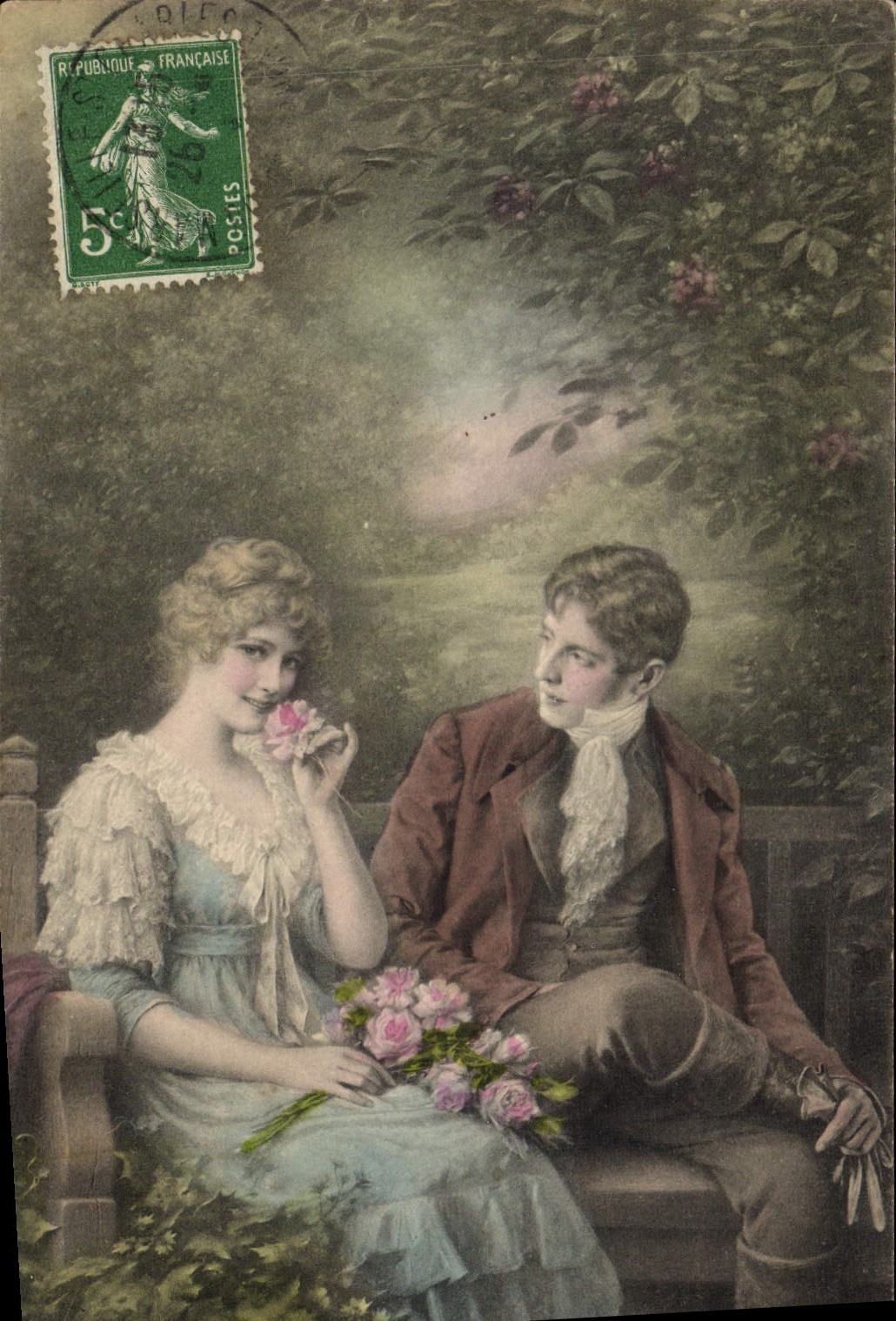 Jeune couple sous rosiers — éditeur M. M. Vienne, n° 644
