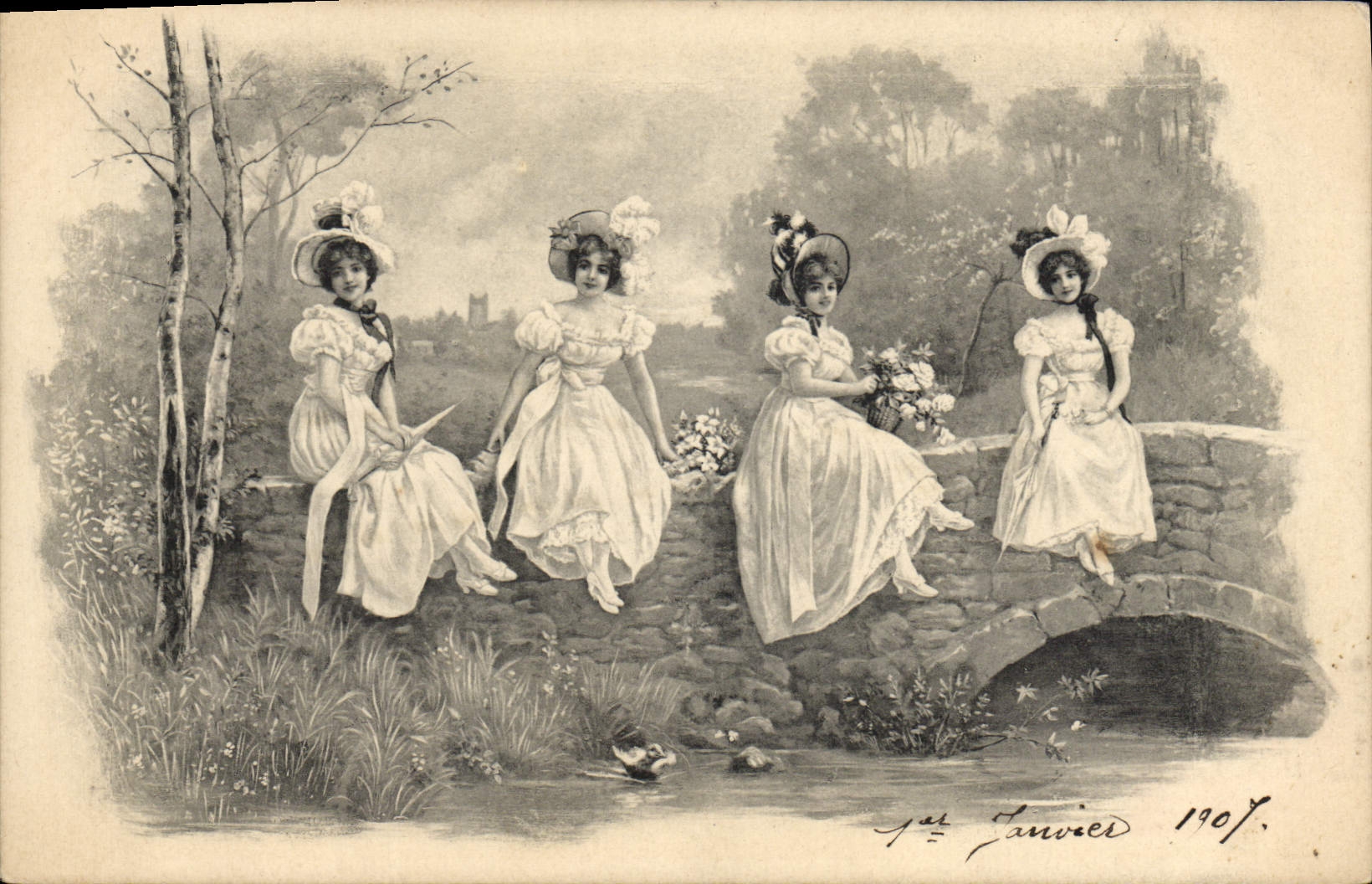 Quatre jeunes femmes en robe blanche sur un pont — 1er Janvier 1907 — M. M. Vienne, Nr. 257