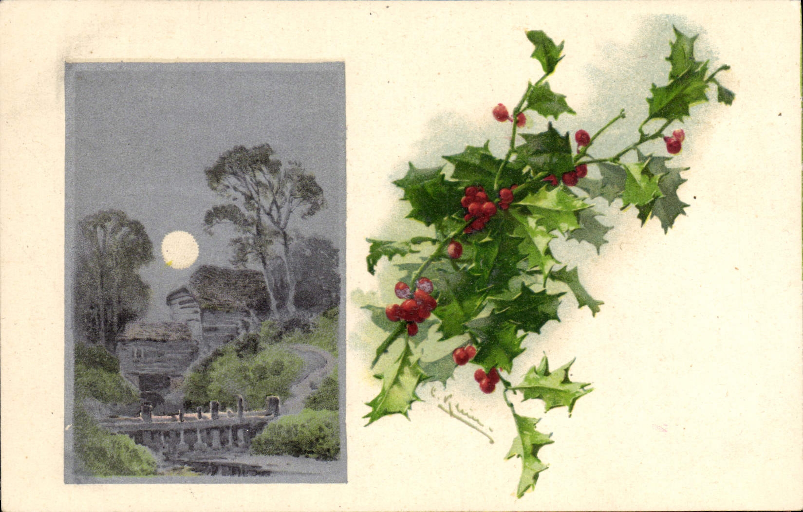 Noël — paysage nocturne avec lune et houx — éditeur non visible