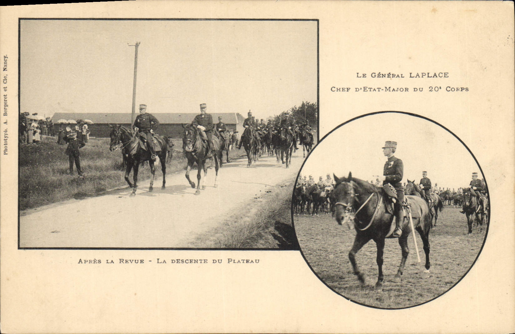 Après la Revue - La descente du Plateau — Le Général Laplace, Chef d'État-Major du 20e Corps — Phototypie A. Bergeret et Cie, Nancy