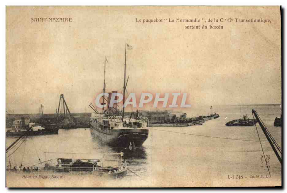 Saint-Nazaire — Le paquebot "La Normandie", de la Cie Transatlantique, sortant du bassin — Héliotypie Dugas, Nantes, L-1 518 - Caden E. D.