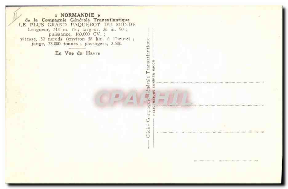 CPA Bateau Paquebot Normandie de la Cie Gle Transatlantique  — Verso