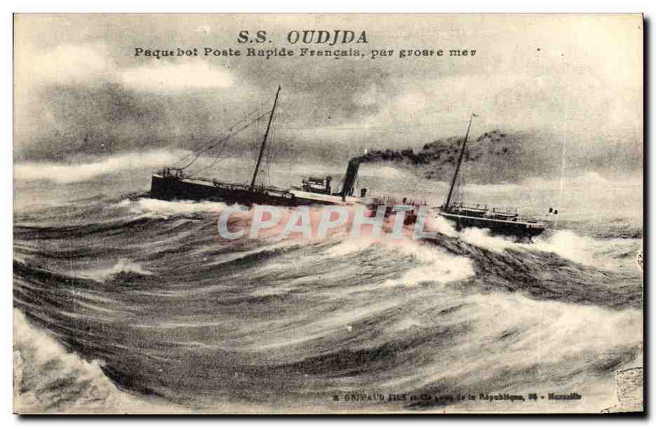 CPA Bateau Paquebot Poste Rapide Francais par grosse mer SS Oudjda 