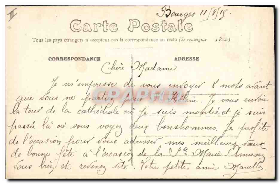 Bourges — Plate-Forme de la Tour de la Cathédrale Beffroy et Pélican — Éditeur E.M. n°212 — Verso