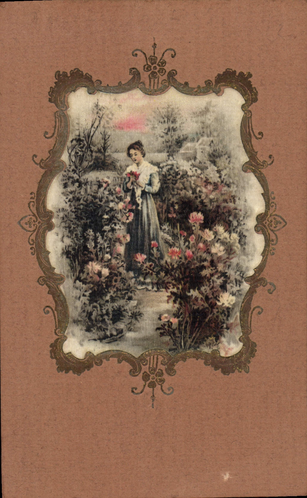 Femme dans un jardin — illustration encadrée — éditeur inconnu