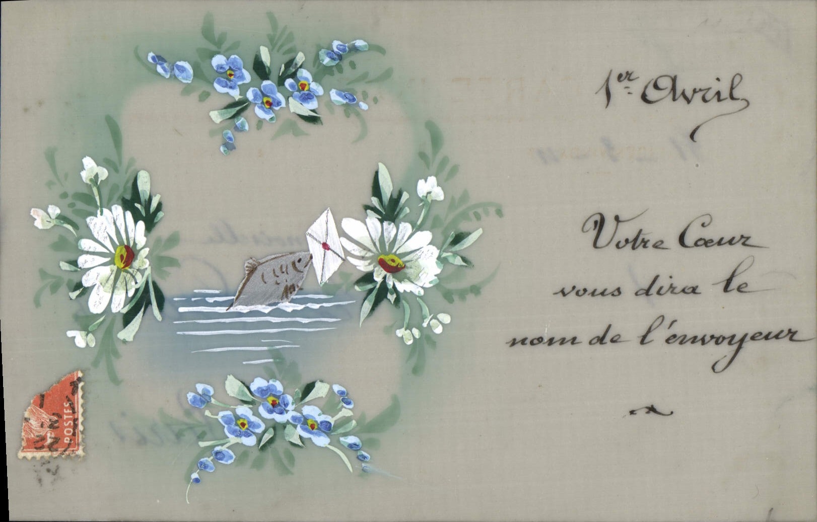 Carte postale décorative — fleurs et poisson avec enveloppe — éditeur inconnu