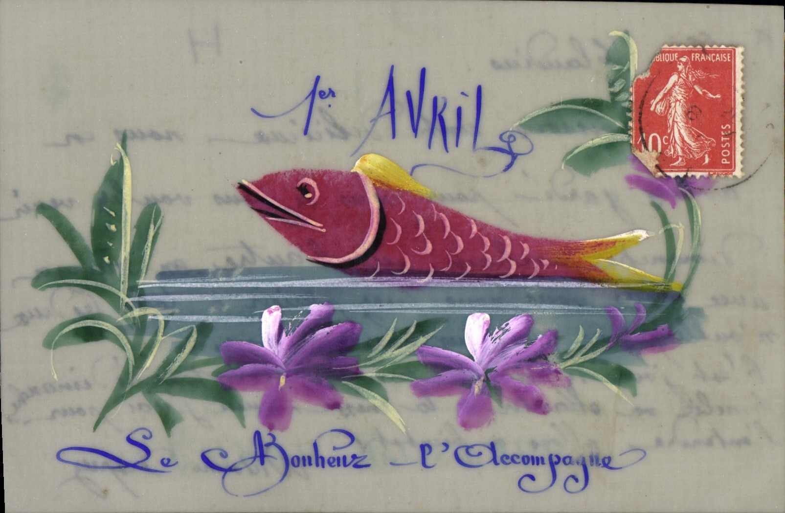 Poisson rouge — décor floral — timbre 10c République Française