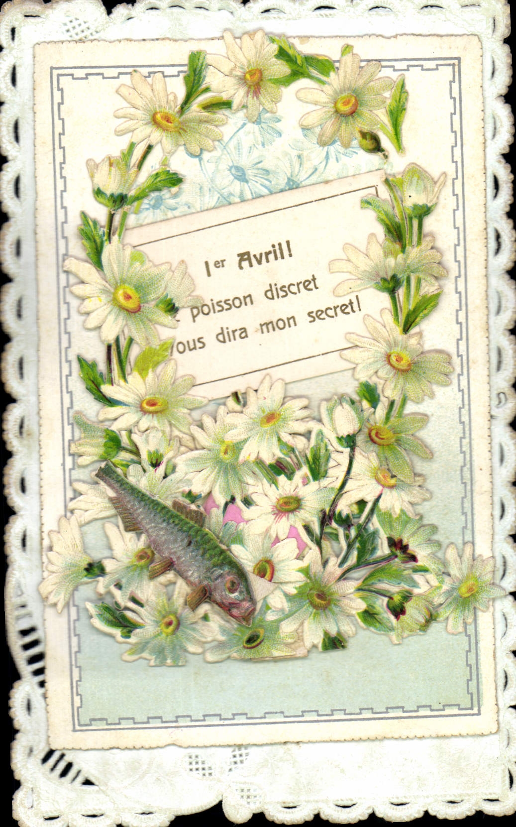 1er Avril — poisson discret — carte postale décorée de marguerites et poisson