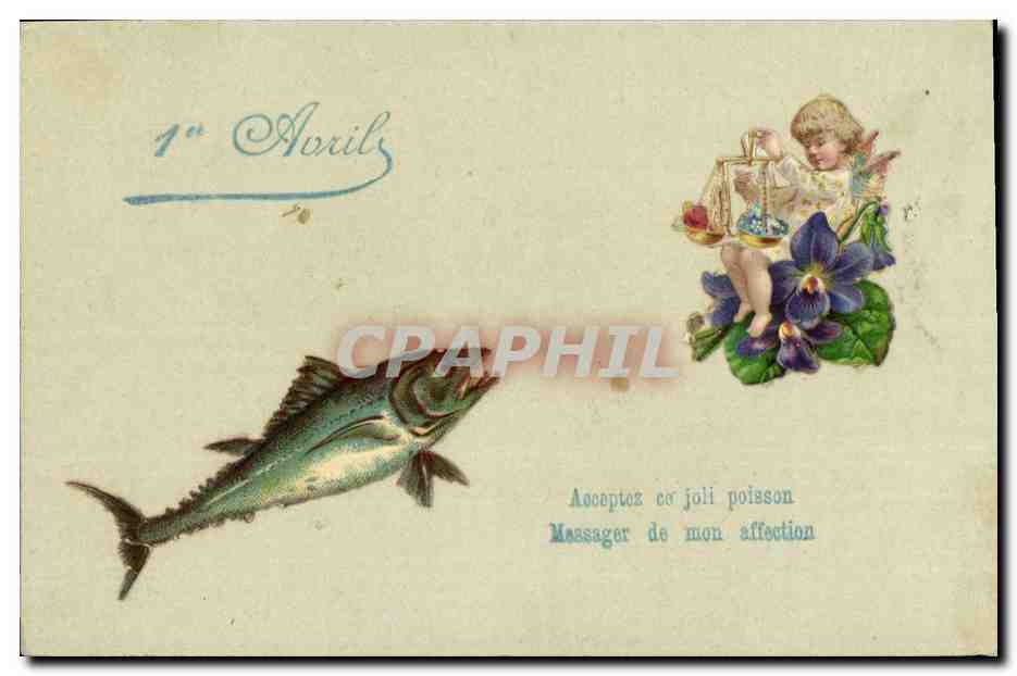 Antike Ansichtskarte Fantasie Blumen Fisch Kind
