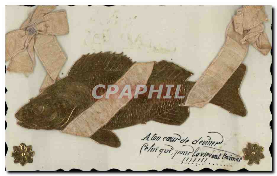 Tarjeta postal antigua Fantasía Flores Peces