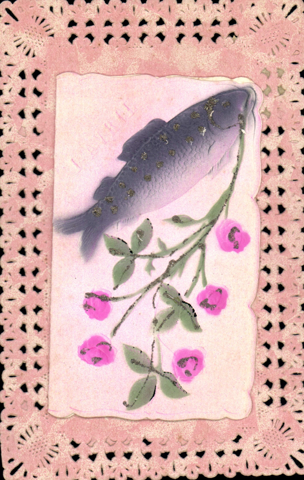 Pesce e rose — cartolina decorativa — editore sconosciuto