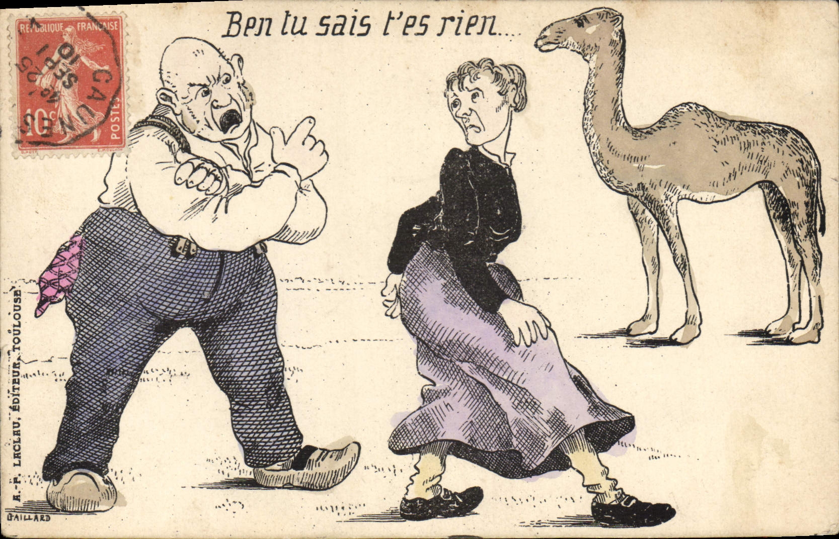 Caricature d'un homme et d'une femme avec un chameau — R.P. Laclau, éditeur, Toulouse