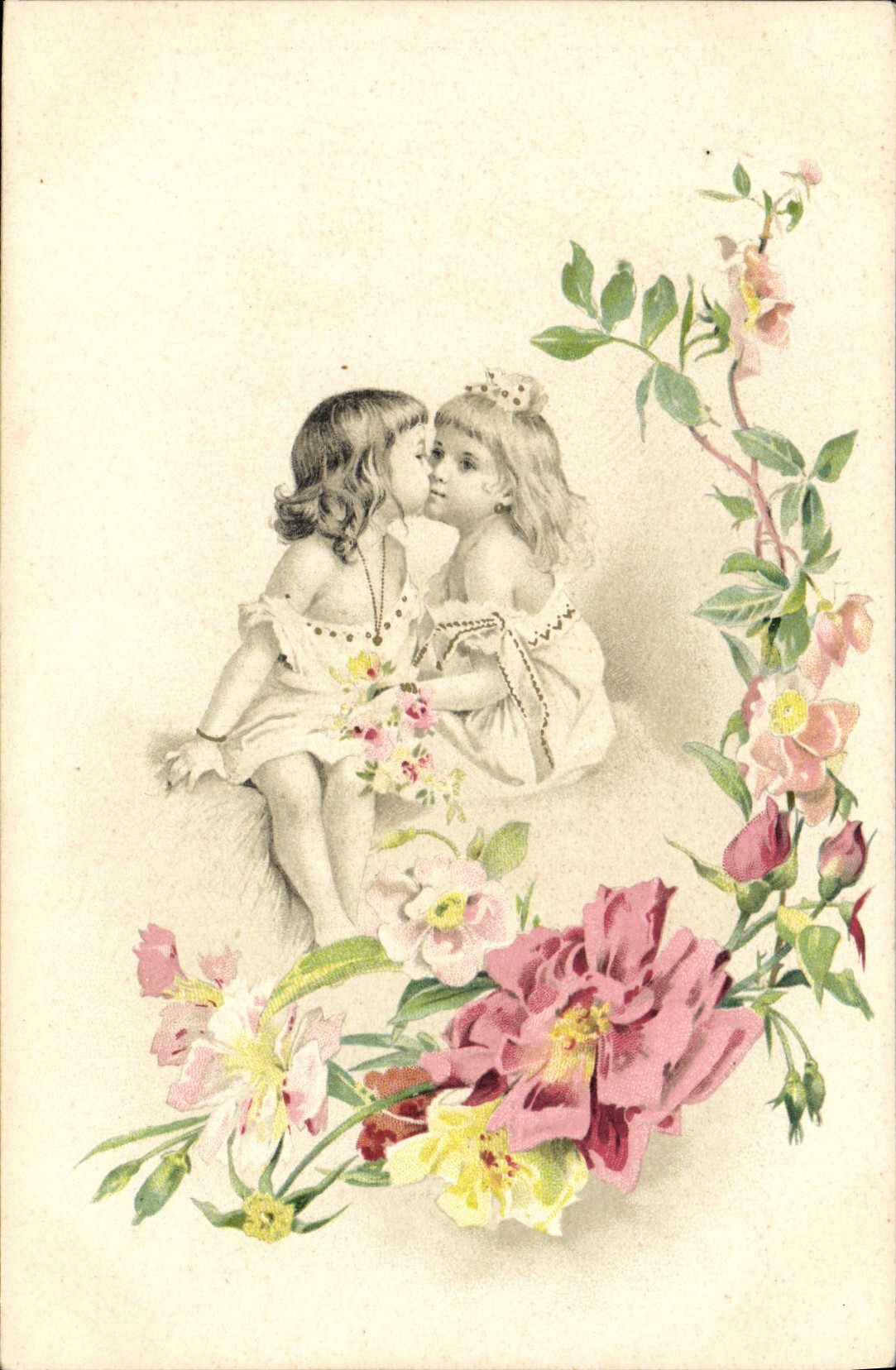 Deux enfants s'embrassant — décor floral — éditeur CPAPHIL n°197