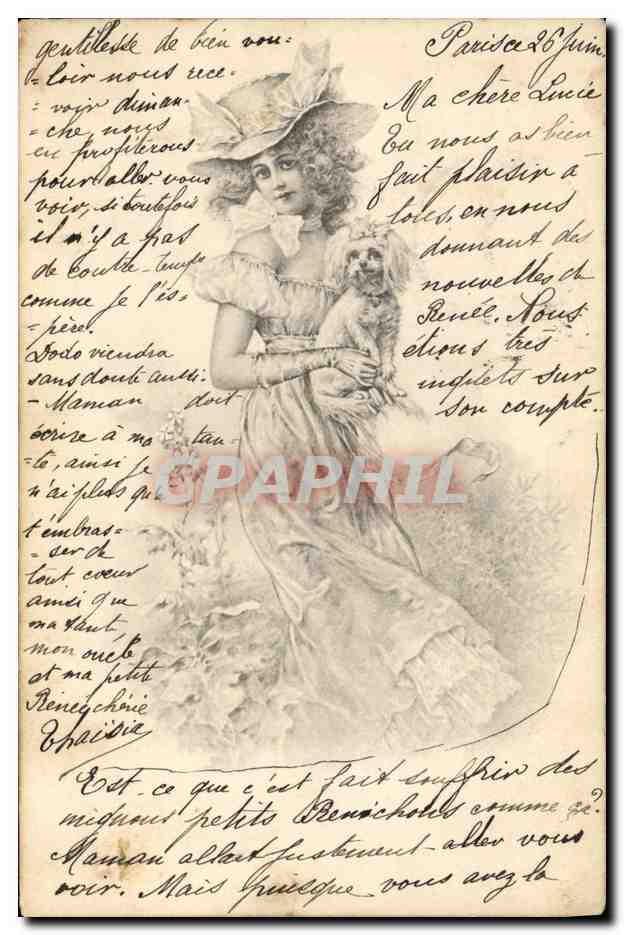 Femme en robe à volants tenant un chien — éditeur Union postale universelle, n° 846