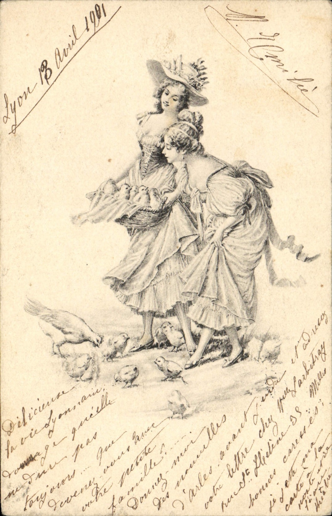 Deux femmes avec poules et poussins — Lyon, 18 avril 1901 — éditeur non visible